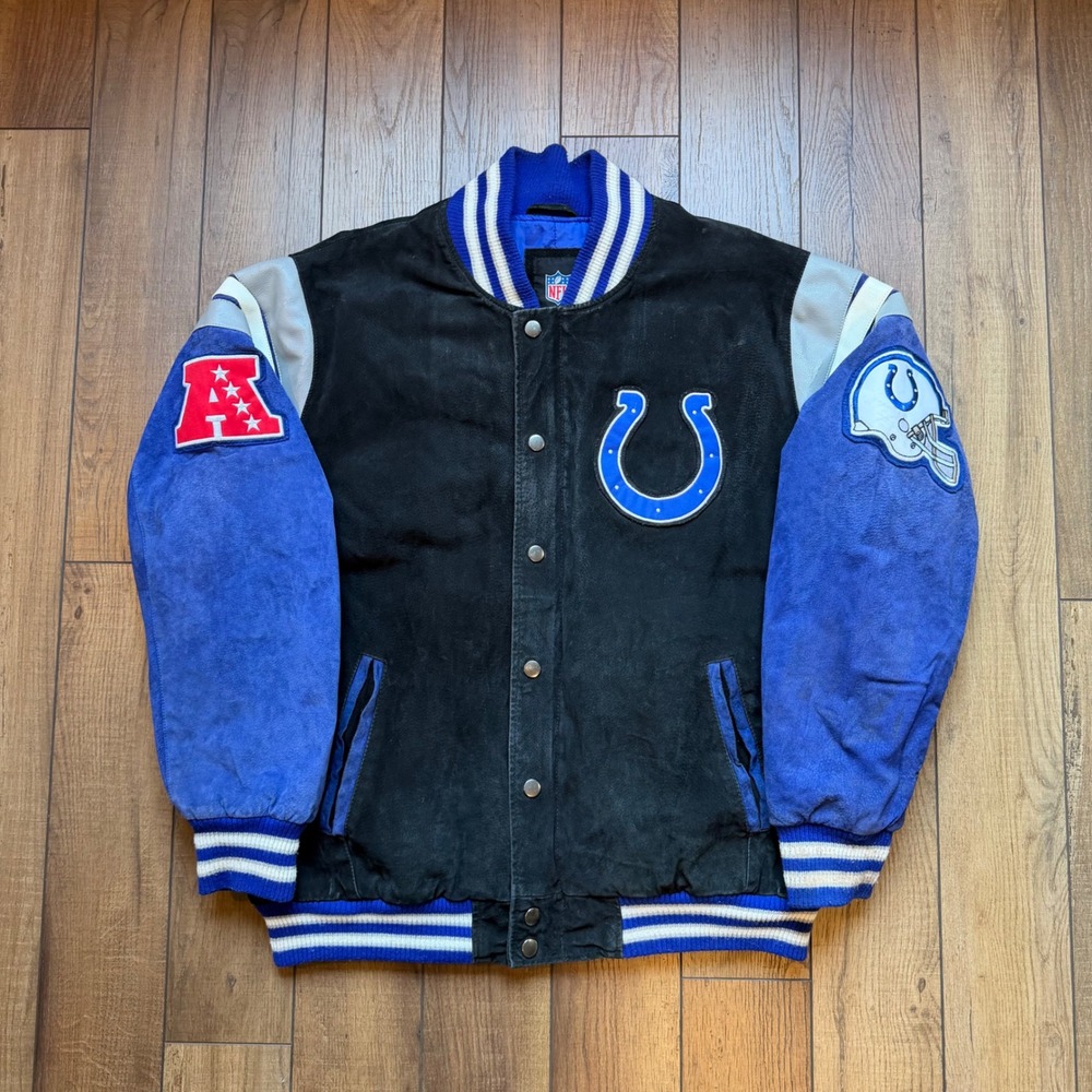 Vtg NFL Indianapolis Colts Suede Leather Varsity Jacket Big Logo Spellout Men XL